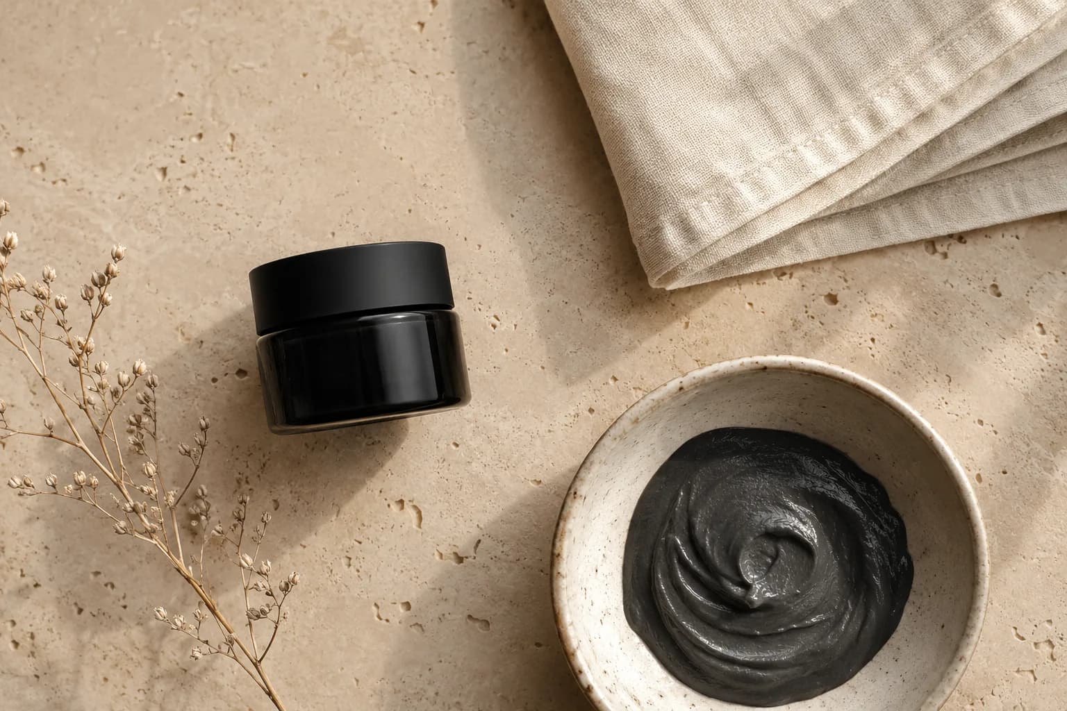 Lamsa flat lay: black glass jar, cream linen, and a bowl of Dead Sea mud on travertine