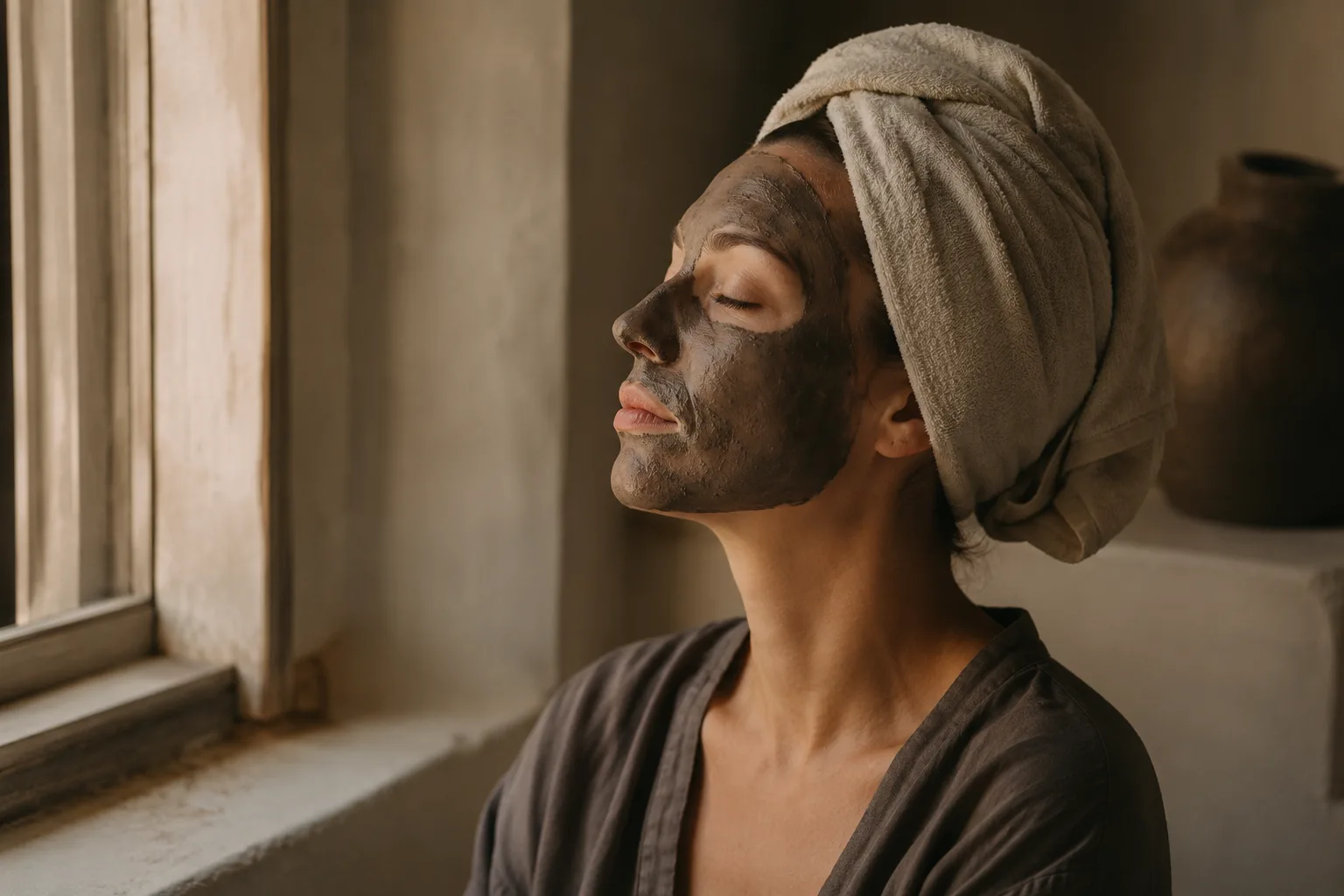 Wearing the Lamsa mask, hair wrapped in linen, resting by the window