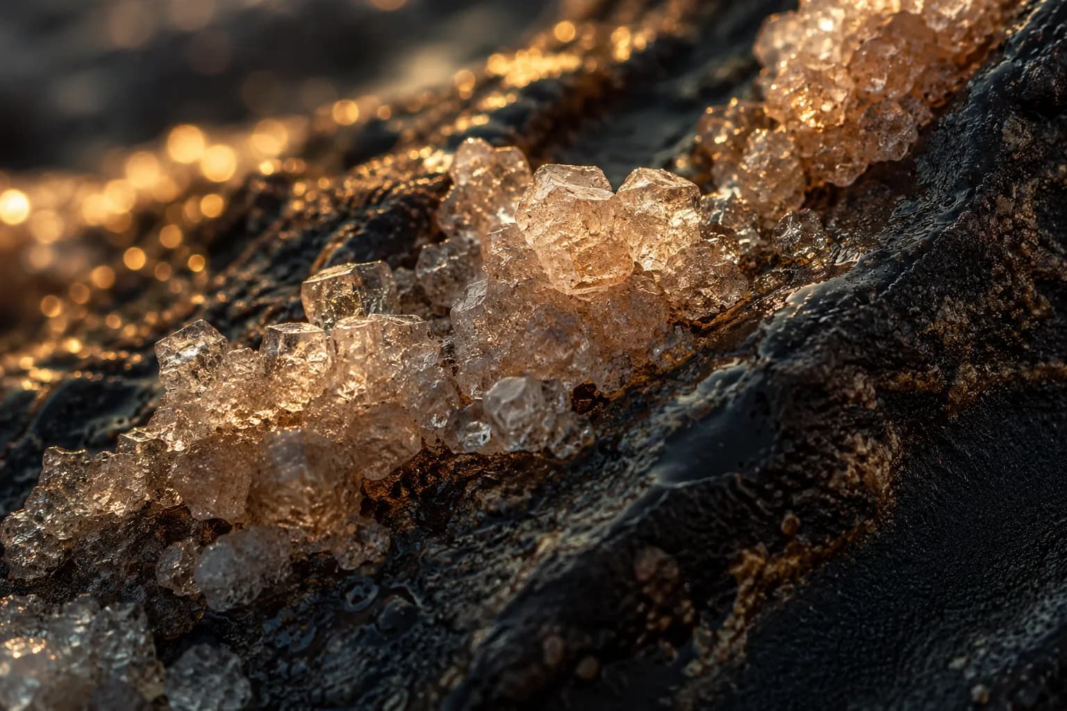 Dead Sea salt crystals forming on dark stone, catching golden light