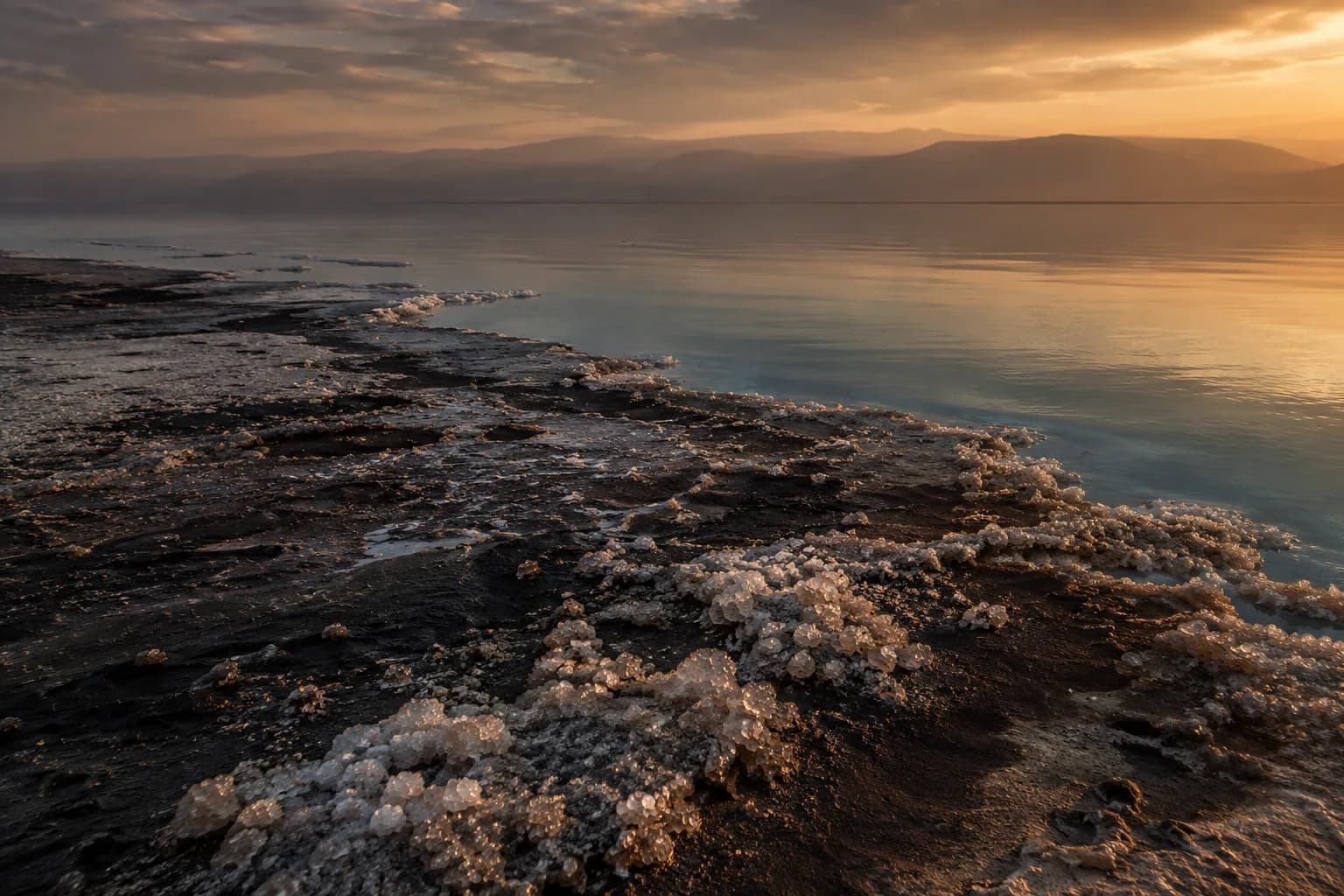 The Dead Sea at dusk, salt crusts on the mud flats