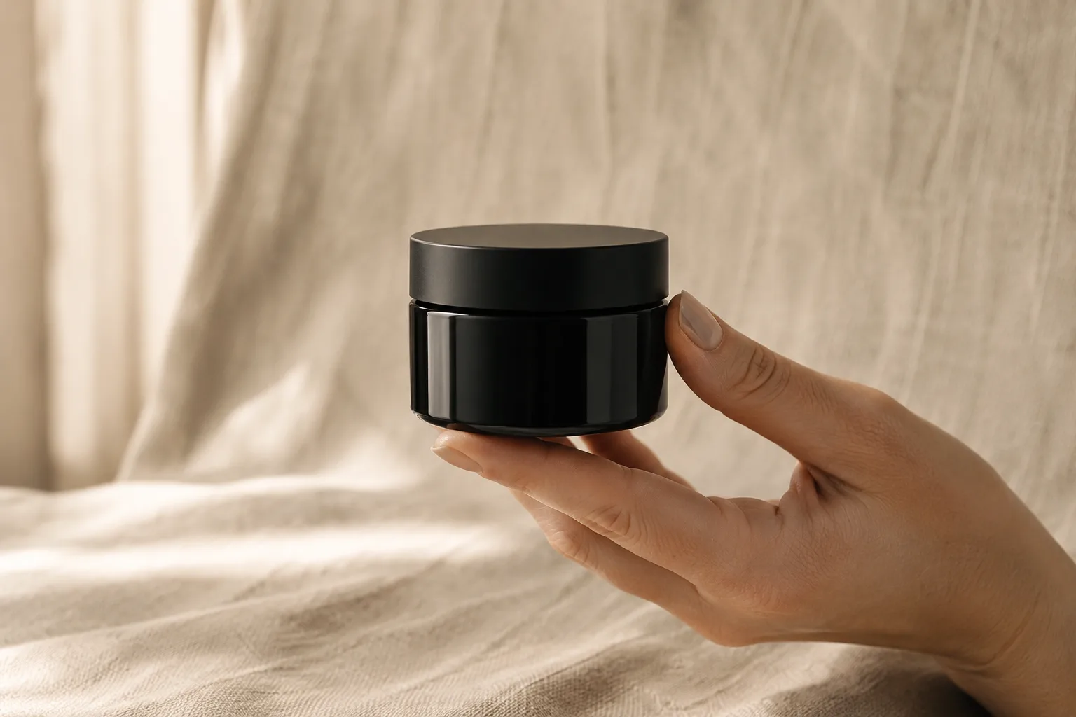 The Lamsa jar held in one hand, black glass against warm linen