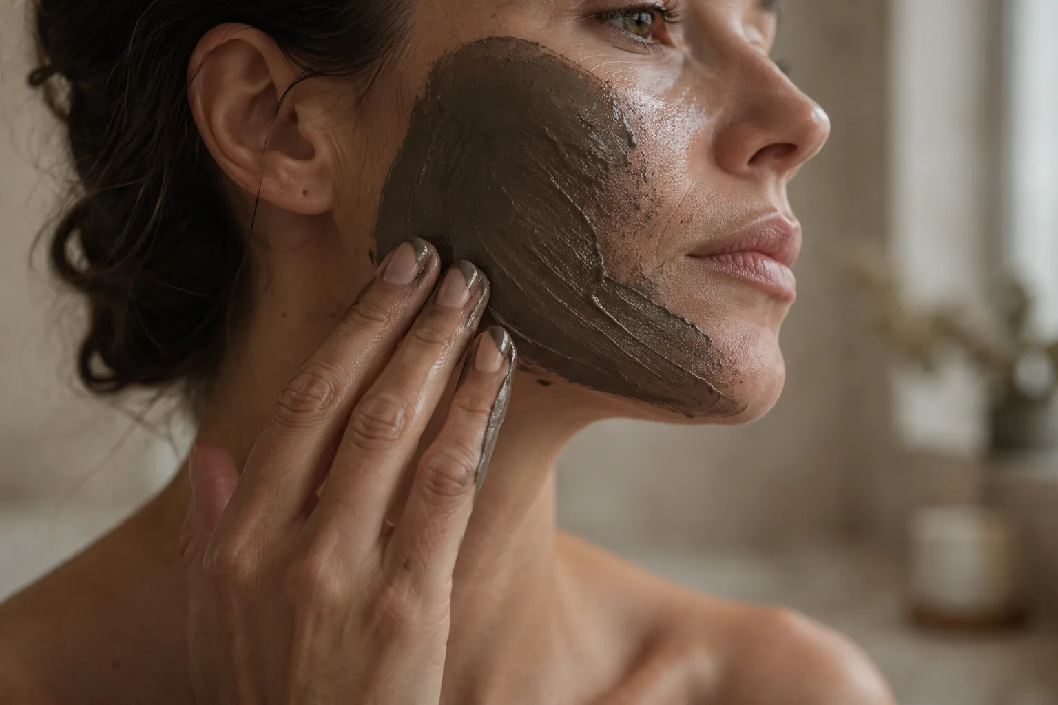 Fingertips applying the Lamsa Dead Sea mud mask along the cheek and jawline