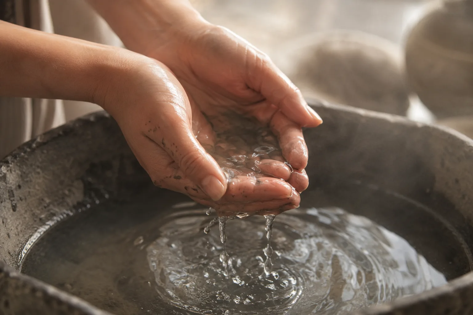 Hands cupping warm water over a stone basin, rinsing away the mask